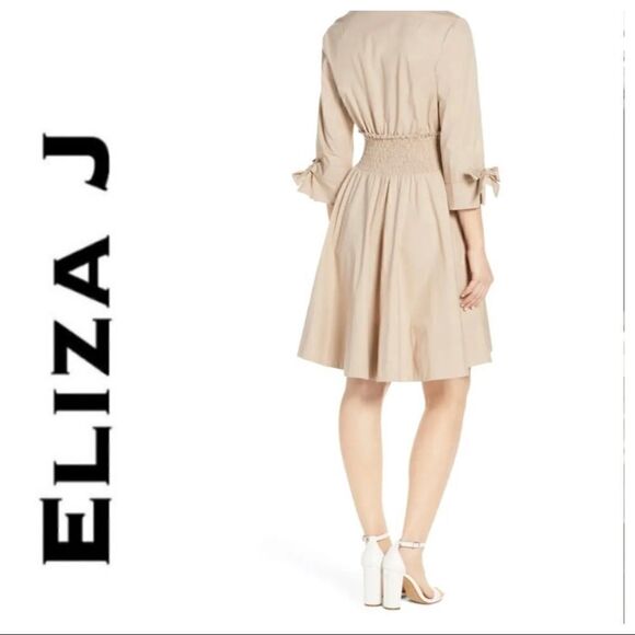 ELIZA J SMOCKED WAIST KHAKI POPLIN SHIRTDRESS - Picture 4 of 8